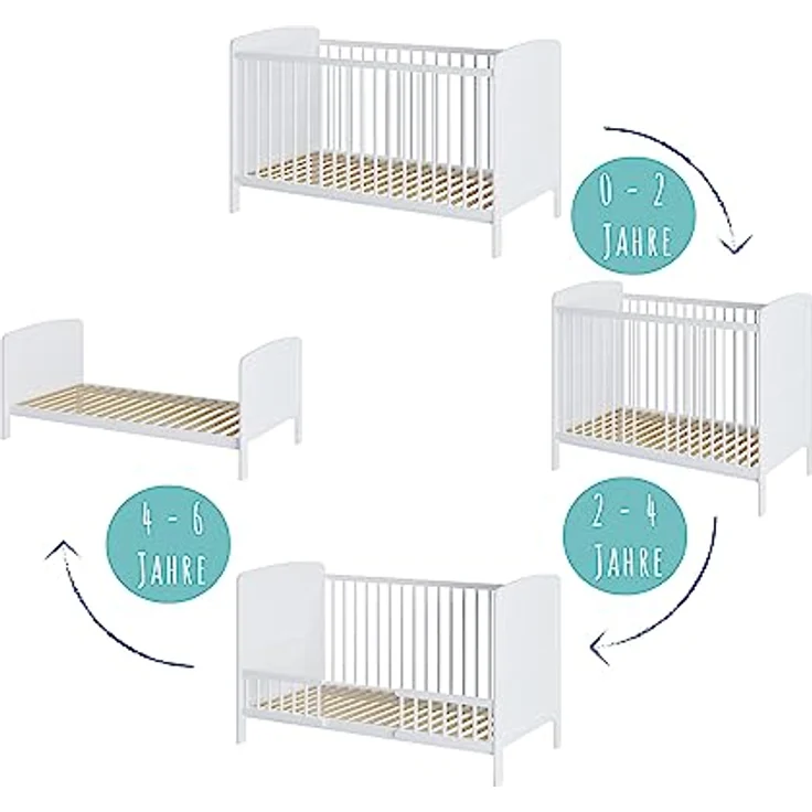 Babybett Kinderbett 70x140 Umbaubares Gitterbett höhenverstellbar & herausnehmbare Sprossen optional mit Matratze | Weiss Vollholz Kiefer Made in Europe – Bild 3