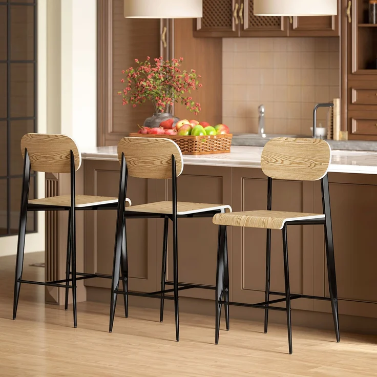 2er-Set Barhocker, Barstühle mit Rückenlehne und Metallgestell, Holz, Hellbraun--Naturholz--103x43x55cm--YOUDENOVA – Bild 8