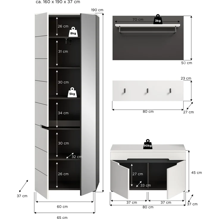 Garderoben-Set >Canu< in Basalt Grau / Weiß - 160x190x37cm (BxHxT) – Bild 5