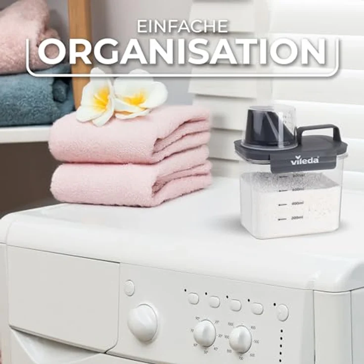 Vileda Waschmittelbox 1100ml grau - Praktische Aufbewahrungsbox für Waschpulver & Flüssigwaschmittel - Inklusive Messbecher für präzises Dosieren - Luftdichte & Platzsparende Waschpulverbox – Bild 3