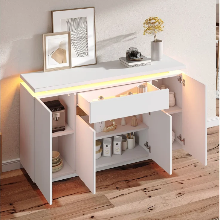 DESVIAE Sideboard mit LED-Beleuchtung und Schublade 140x80x40 cm Spanplatte Weiß – Bild 6