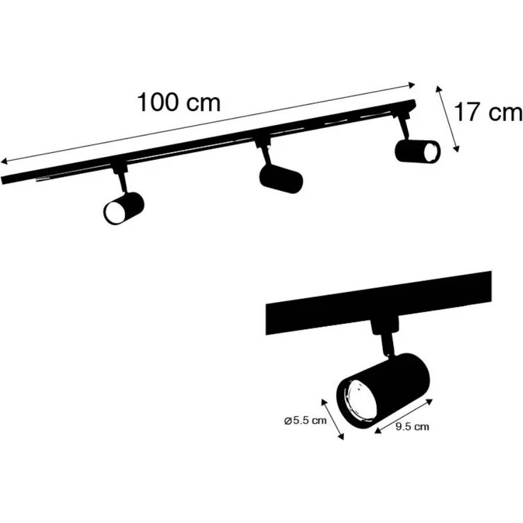Qazqa Schienensystem-Sets Jeana, ohne Leuchtmittel, GU10, Schwarz, Modern, Stahl, Deckenstrahler 3-flammig – Bild 2
