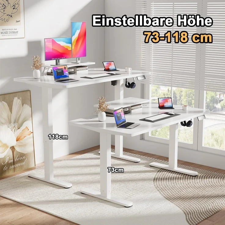 JUMMICO Höhenverstellbarer Schreibtisch mit Monitorständer, Elektrisch Schreibtisch Steh-Sitz, Standing Desk,160x70 cm, Weiß – Bild 2