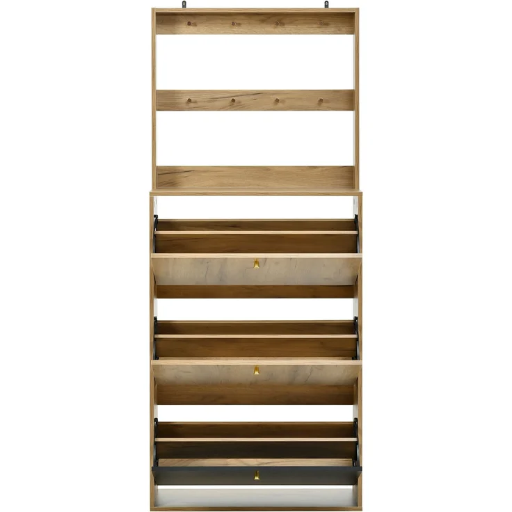 ZUBALIYA Schuhschrank (75 x 24 x 180 cm), Haken zur Aufbewahrung, Aus Spanplatte, Stauraum für Flur und Eingangsbereich, Schwarz / Naturfarben – Bild 21