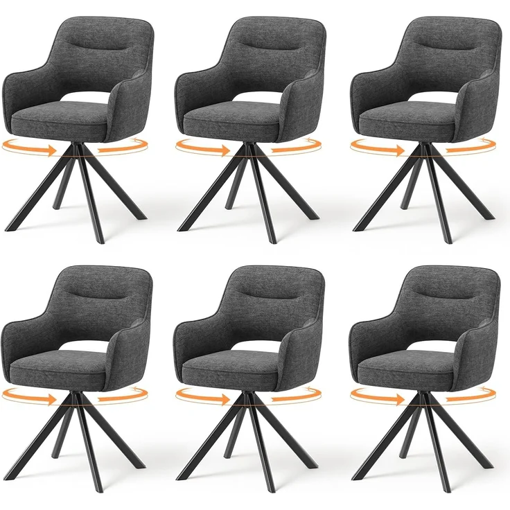 COLAMY Drehbare Esszimmerstühle 6er Set mit Armlehnen, Drehbare Polsterstühle für Küche & Esszimmer aus weichem Florstoff mit Metallgestell und Rückenlehne, für Esszimmer, Küche, Büro,Grau – Bild 1