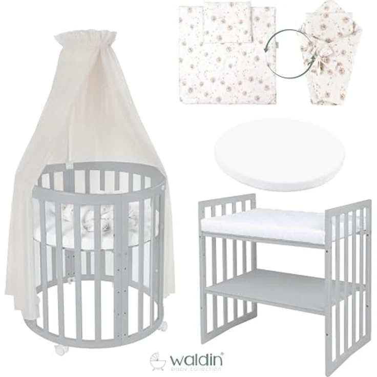Waldin Babybett OWAL aus Holz 7in1 mit Matratze, mitwachsendes Kinder-Bett, belüftet, Boden 5-fach verstellbar, All-Inclusive-Set Holz grau, Stoffe Champagner Löwenzahn – Bild 4