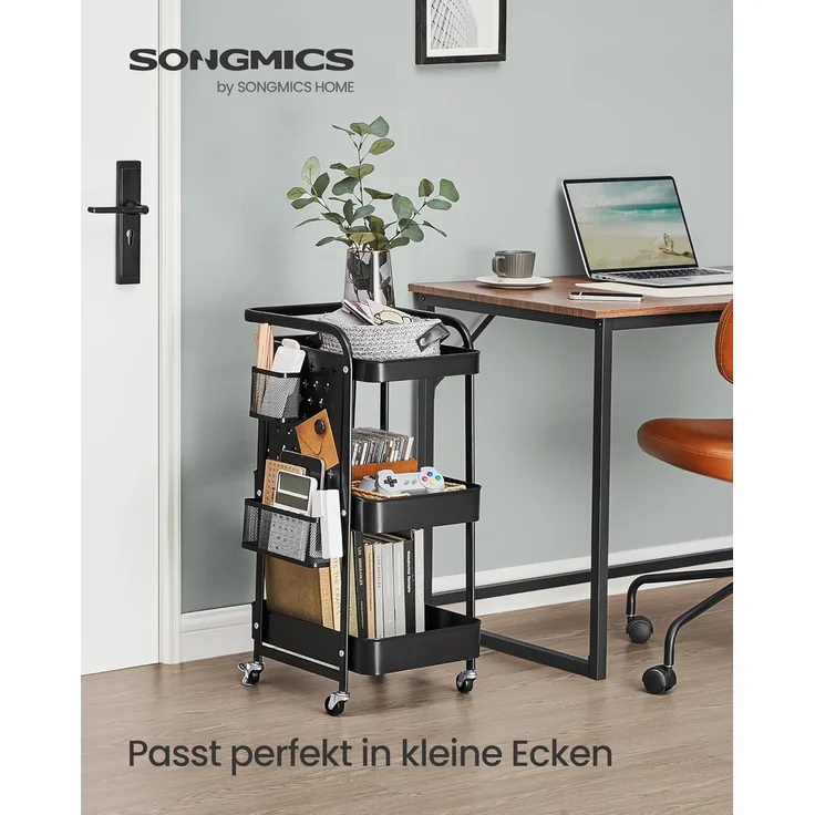 SONGMICS Rollwagen, Küchenwagen, 3 Metallgitterablagen, Servierwagen, 2 abnehmbare Lochplatten, 2 Hängekörbe, 4 Haken, für Büro, Küche, Wohnzimmer, Badezimmer – Bild 2