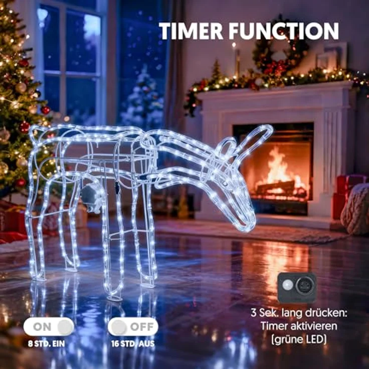 LEDYA Reindeer Beleuchtete Weihnachtsdekoration, 192 LEDs Kaltweiß, Groß 53 cm LED Rentier Weihnachtsbeleuchtung, Innen/Außen Weihnachtshirsch mit Timer, Netzbetrieben, für Haus, Hof, Garten, Veranda – Bild 5