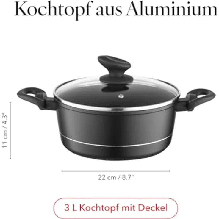 FLORINA Aluminium Topf (3 l) 22 cm I Kochtopf DELUX mit Glasdeckel I Messbecher & Antikratz-Beschichtung I Topf mit Induktionsboden I Geeignet für Induktionsherd, Gasherd und Elektroherd (Schwarz) – Bild 3