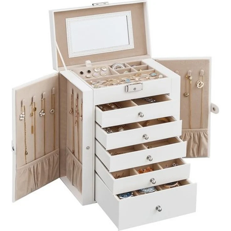 Songmics Schmuckkasten, Schmuckschatulle mit 6 Ebenen & seitlichen Klapptüren, MDF Natur, 15,6 x 26 x 32 cm – Bild 1