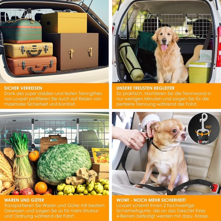 LovPet® Hundegitter Auto, Autoschutzgitter Trenngitter Universal, verstellbare Breite, Kopfstütze Kofferraum Autogitter Maße HxB 30 x 91-153 cm Kofferraumgitter,+ 2x Sicherheitsgurt für Hunde Grau – Bild 6