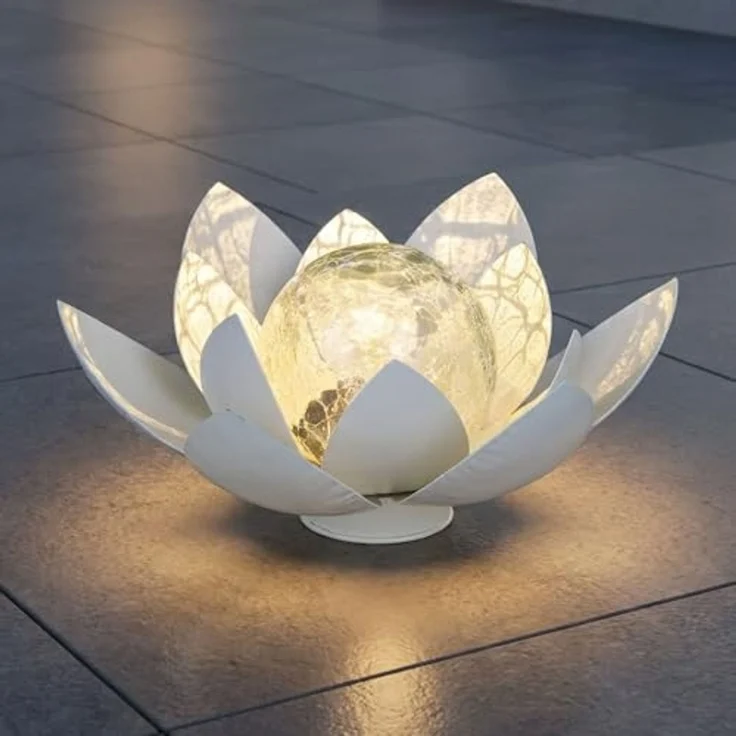 Haushalt International LED Solarleuchte, LED-Leuchtmittel fest verbaut, Warmweiß, LED Solarleuchte Lotusblume weiß Glas Außenleuchte Gartendeko D 27,6cm – Bild 2