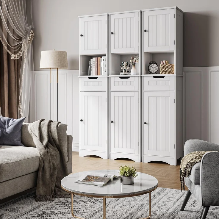 Bealife Hochschrank Badezimmer, Badschrank mit verstellbaren Regalen, Badezimmerschrank mit offenem Fach, Schublade und Türen für Badezimmer, Wohnzimmer, Schlafzimmer (Weiß) – Bild 3