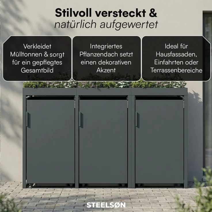 STEELSØN 'Thoria' Mülltonnenbox 3er je 120 Liter, anthrazit, Mülltonnenverkleidung aus Stahl, wetterfest, 111x62x177,5 cm, Müllbox mit Pflanzendach für 3 Tonnen – Bild 7