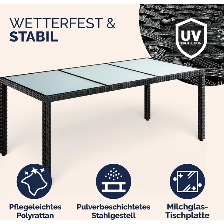 Casaria Gartentisch, Wetterfest 190x90cm Polyrattan Höhenverstellbar 5mm Sicherheitsglas – Bild 4