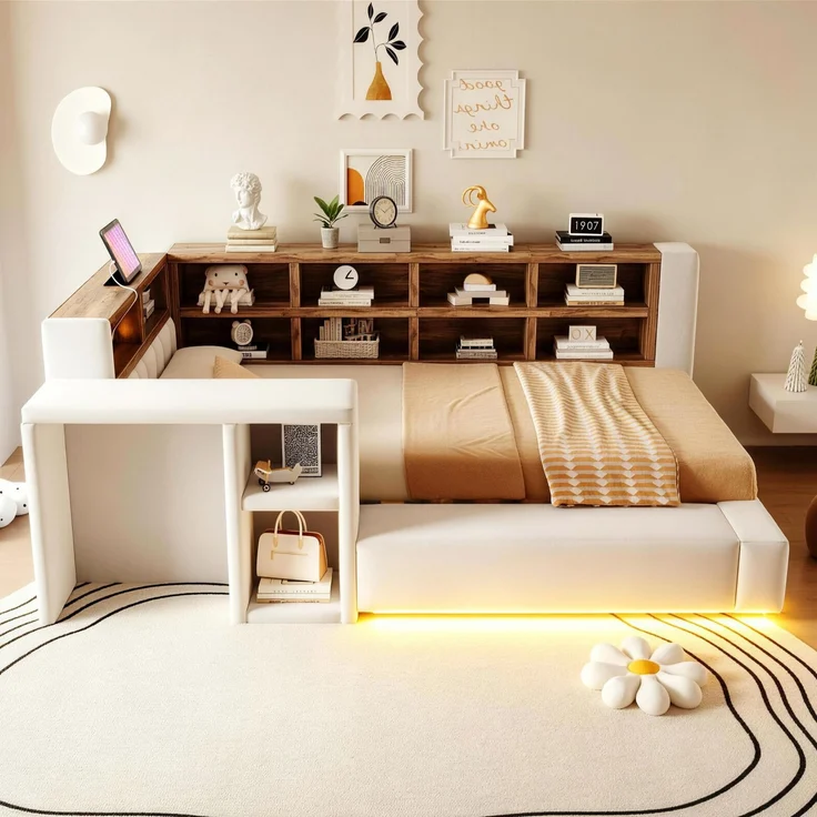 U-life Polsterbett 90x200 cm, fürs Schlafzimmer, Mit Polsterbezug, Mit Mehrstufigen Stauräumen, LED-Beleuchtung, Integrierten, Samtstoff, Beige – Bild 2