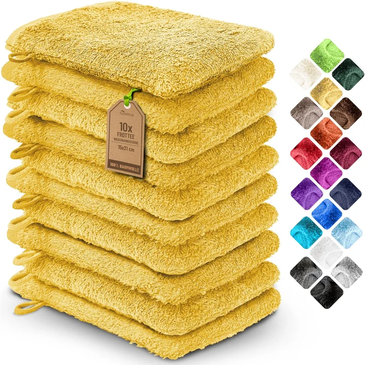 NatureMark 10x Waschhandschuhe aus Frottee 100% Baumwolle – Weich und Robust, Ideal für die tägliche Pflege und Gäste – Gelb, 15x21 cm
