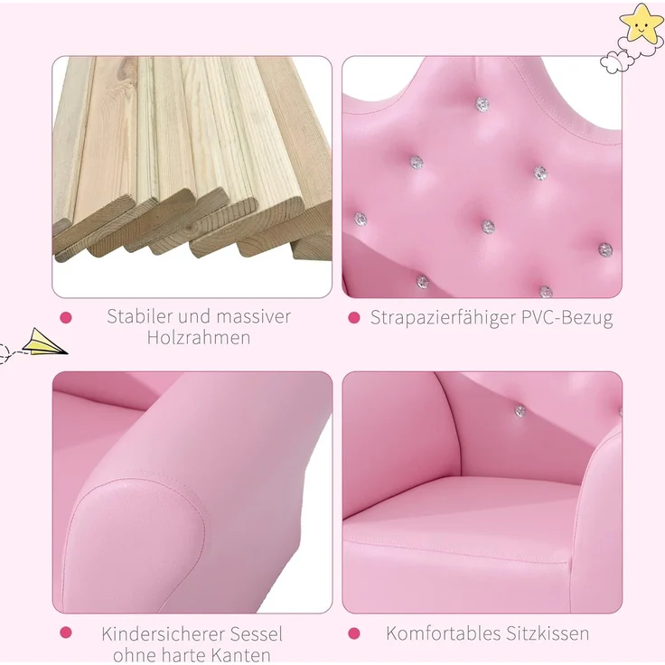 HOMCOM Sessel Kindersofa mit Ottomane Prinzessinnen (Prinzessinnen Sofa, 1-St, Kindersofa), Rosa 58 x 40.5 x 49 cm – Bild 4