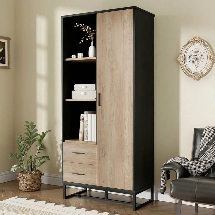 Moderner Highboard Schrank 80x40x180 cm – Holzoptik mit schwarzem Rahmen, mit Tür, 2 Schubladen & 3 offenen Fächern – Vielseitiger Stauraum für Wohnzimmer, Büro & Flur--Schwarz, Holz--80x40x180cm--YOUDENOVA – Bild 8
