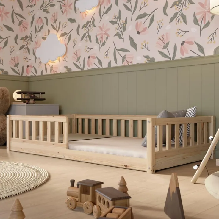 Crazy Pine 'Crazy Basic' Kinderbett mit Rausfallschutz, Skandinavisches Design, Holz, Natur, 120x200 cm, ohne Beine