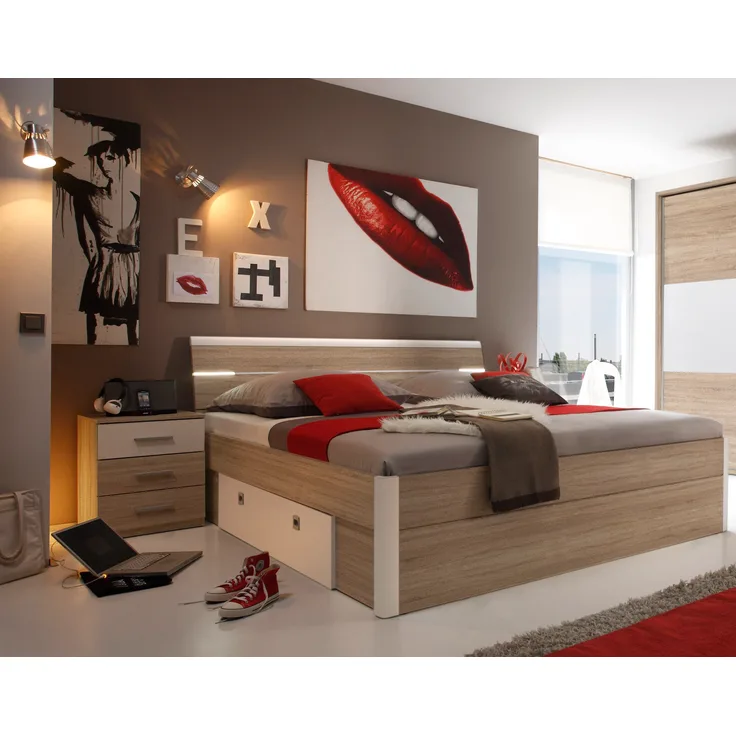 Bettanlage >Isobel< in Eiche Sonoma Nachbildung / Weiß - 185x97x216cm (BxHxT)