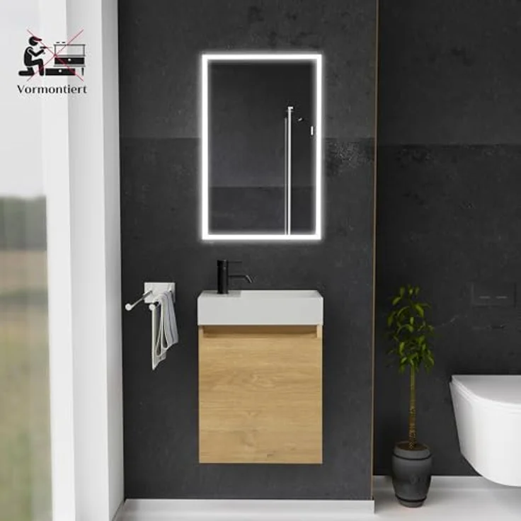Alpenberger Badmöbel-Set Gäste WC Waschbecken mit Unterschrank - Badschrank Hängend, (2-tlg. Waschtisch Set Eiche Natur, Waschbeckenunterschrank mit Softclose), Waschplätze für Kleine Bäder - Badschrank Hängend und Vormontiert – Bild 3