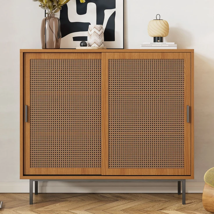 Sideboard mit Rattan-Schiebetüren, Landhausstil walnuss, 100x37x90 cm – Bild 1