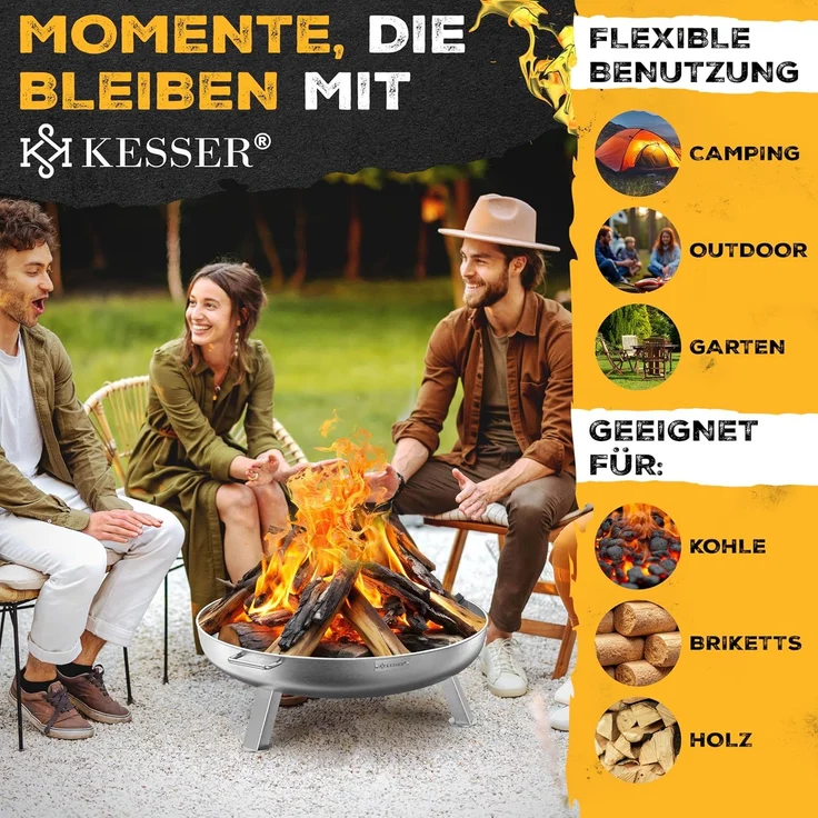 KESSER® Feuerschale mit 2,5 mm Stahldicke Feuerkorb aus Edelstahl / Stahl inklusive 42cm Feuerhaken aus Gusseisen, Wasserablauf & 2 stabile Griffe für Holz & Kohle Feuerstelle für Garten & Terrasse Ø 70 cm, Legierter Stahl – Bild 4