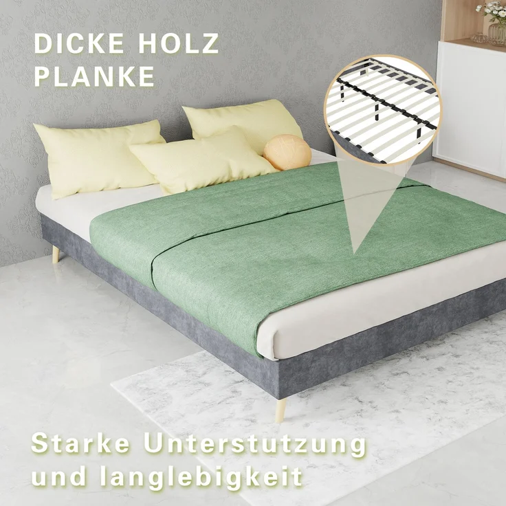 Novelux Bettgestell 140x200 cm - Modernes Plattformbett aus Holz mit grauem Samtbezug, Ohne Kopfteil, Minimalistisches Design – Bild 4