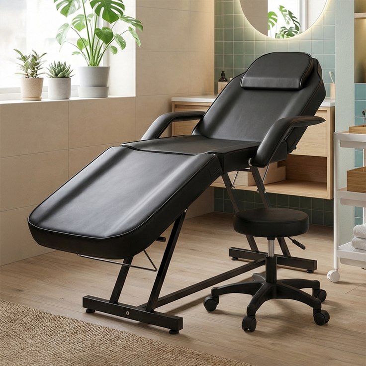 HOME NATURE WOHNKONZEPT Kosmetikliege mit Rollhocker, klappbare 3-Zonen Massageliege für Beauty, Spa, Tattoo & Salon, 182 x 81 x 74 cm, Schwarz