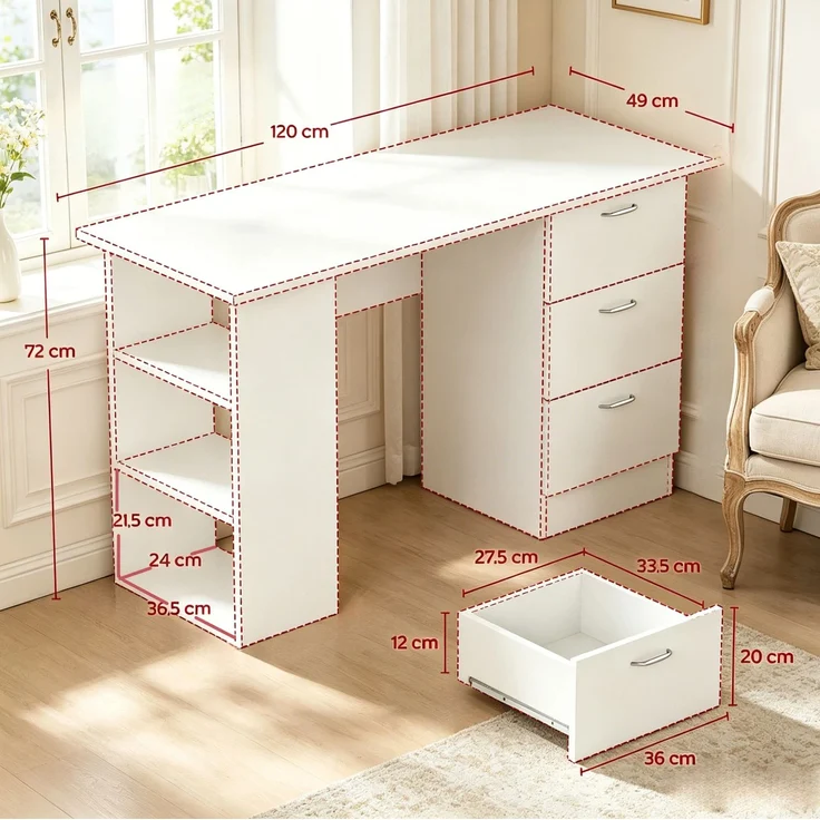 Schreibtisch 120 x 49 x 72 cm aus MDF mit 3 Schubladen und 3 offenen Regalen – Bild 4