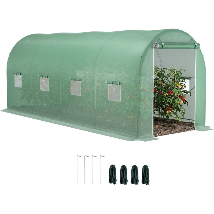 Gartentunnel-Gewächshaus 5 x 2 x 2 m mit 8 Fenstern und Rolltor, 500.0×200.0×205.0cm, Grün, MELAYR