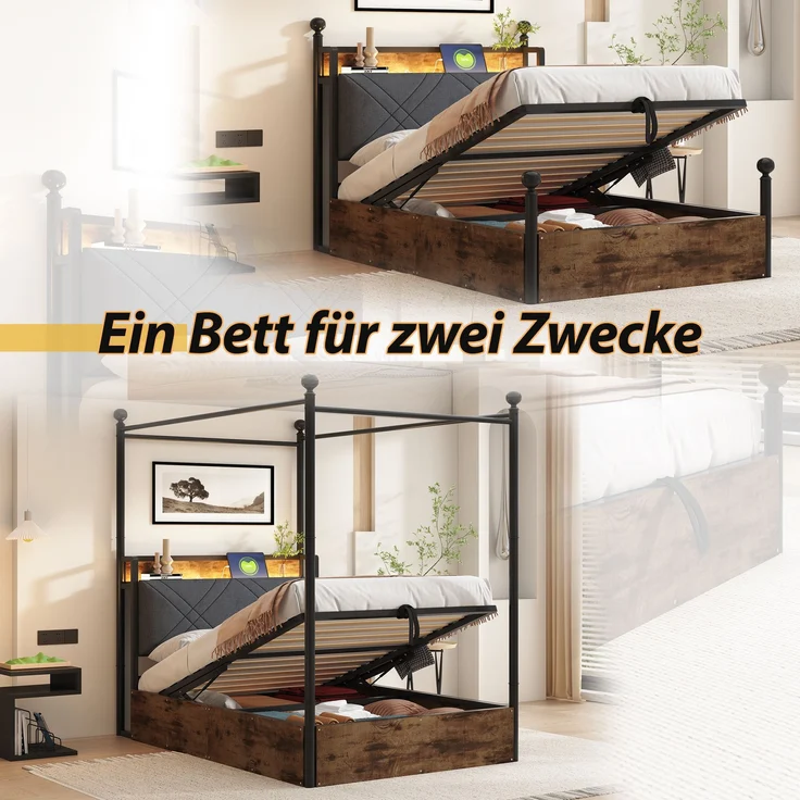 Bett 90x190 cm, Smart-Himmelbett mit hydraulischem Bettkasten, Metalll-Holz-Mix, integrierte LED & USB/Type-C,Schwarz – Bild 6
