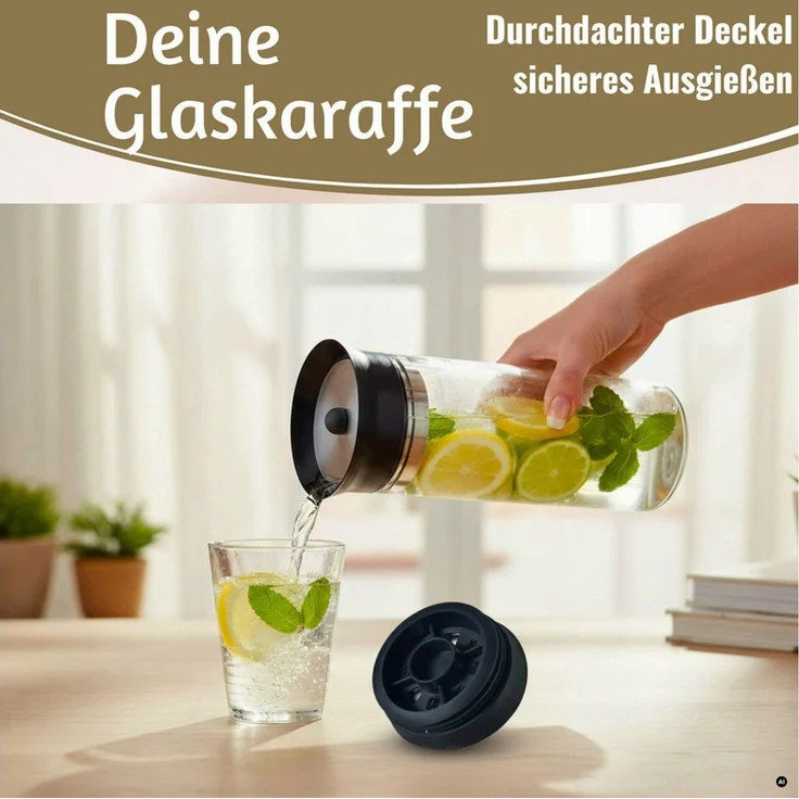 LS-LebenStil Wasserkaraffe 2x Glas Wasserflasche 1L Borosilikatglas Flasche Karaffe mit Deckel, (mit Silikon Deckel und integriertem Sieb, Glaskaraffe Trinkflasche, 2-tlg, für Sprudel, Wasser Infused Water, Tee, Saft und Kaltgetränke Eistee), Modernes,... – Bild 4