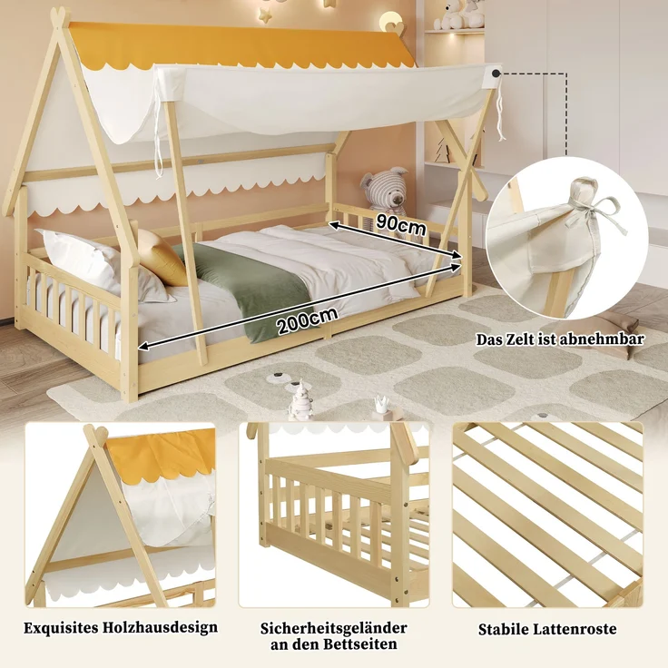 Holzbett, Kinderbett Einzelbett exquisites Holzhausdesign abnehmbares Zelt stabile Lattenroste mit Sicherheitsgeländer, Kiefer + Sperrholz, Natur, 90 x 200 cm – Bild 3