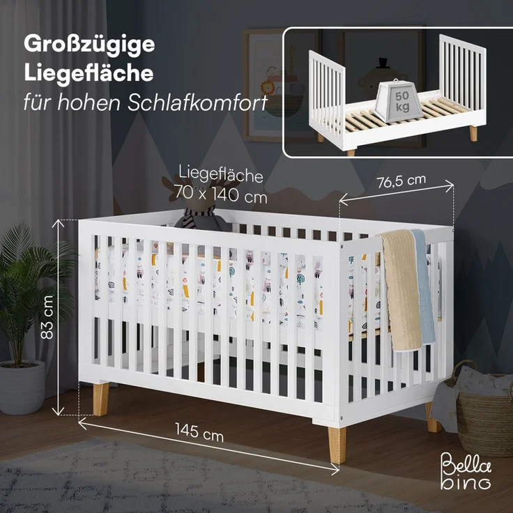 Bellabino 'Liri' Babybett 70x140 cm, weiß, 3-fach höhenverstellbar, Kinderbett umbaubar zum Juniorbett (inkl. Umbauseiten) – Bild 6