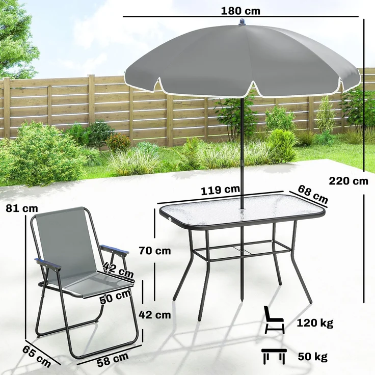 Gartenmöbel Set Sitzgruppe 119 x 68cm Glastisch mit 6 Klappstühlen Sonnenschirm Wasserwellenmuster Grau--Grau--70x68x119cm--YOUDENOVA – Bild 5