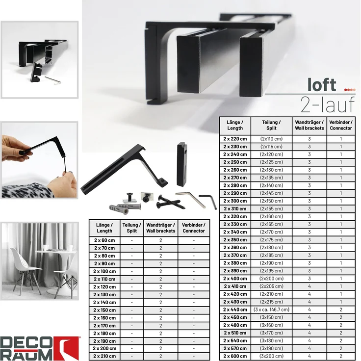 Deco-Raum® 2-lauf Gardinenschiene Innenlauf Loft | Größe: 570cm | Material: Aluminium | Farbe: Schwarz – Bild 4