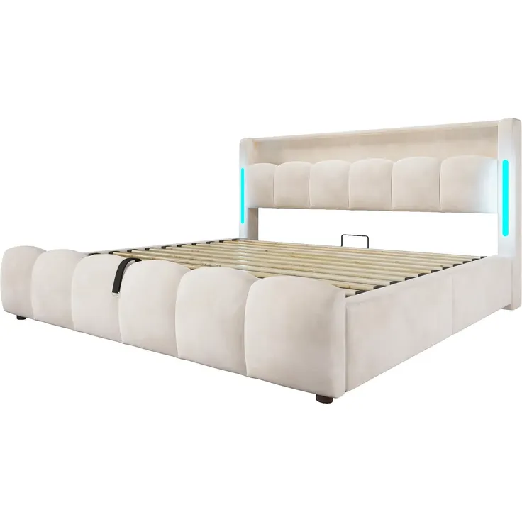 Polsterbett mit Stauraum, RGB LED-Streifen, Lattenrost, Regal, Aufbewahrung, USB und Type-C, gepolsterter Kopfteil, 180x200 cm, Stauraumbett, Samt – Bild 8
