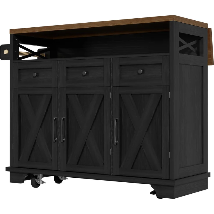 Kücheninsel 118x43-80x98 cm, schwarzer Küchenwagen mit klappbarer Holzoptik-Arbeitsplatte und Metallrahmen, 98cmx118cmx43-80cm – Bild 9