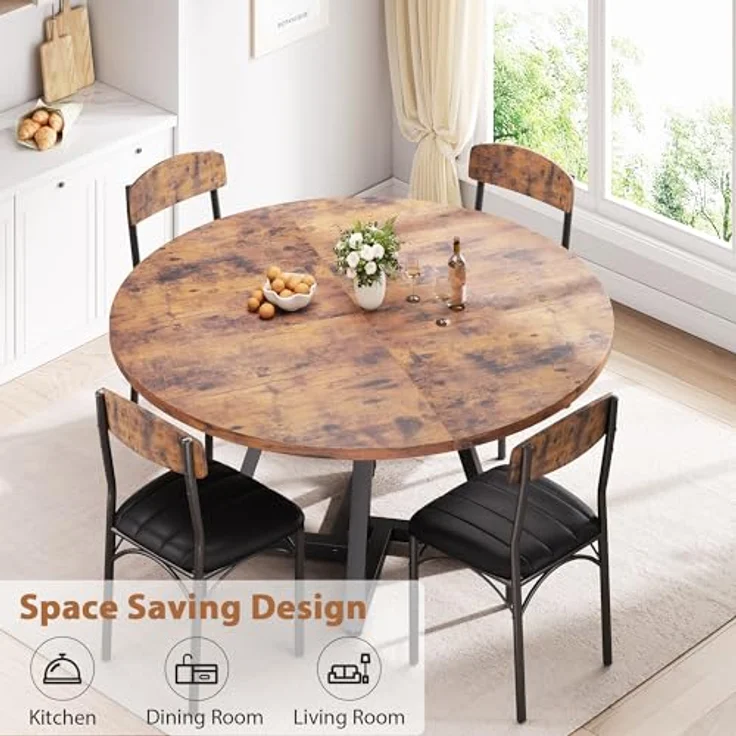 Esstisch Runder und 4 Esszimmerstühle Set, Essgruppe 5-Teilig, Küchentisch mit stabilem Metallgestell und 4 stühle, platzsparender Esszimmertisch aus Holz im Industrial Design (Vintage Braun, 120cm) – Bild 6