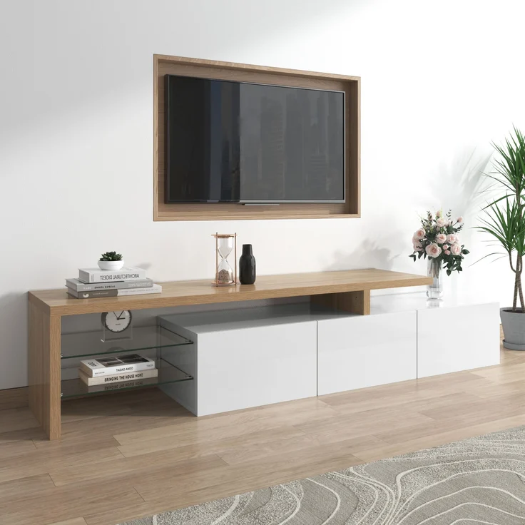TV-Lowboard, MDF/Glas mit LED-Lichtstreifen & Glasböden, 197,5x39x42 cm, Natur/Weiß – Bild 4