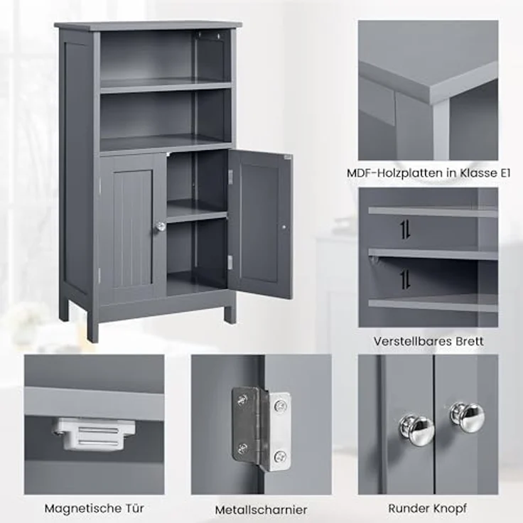 Yaheetech Badezimmerschrank Unterchrank Badschsrank mit Doppeltür & 2 offenen Ablagefächern Badregal Badkommode mit verstellbarem Einlegeboden, Dunkelgrau, 50 x 30 x 92,5 cm – Bild 6