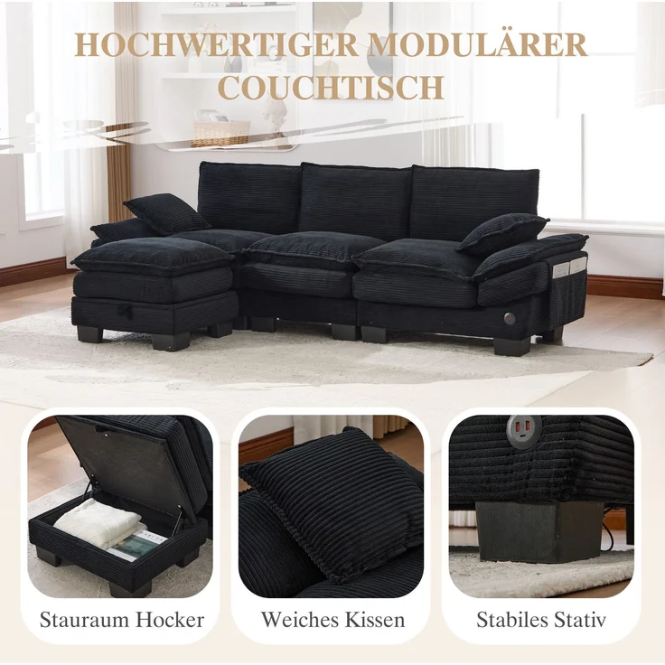 DESVIAE Sofa 3-Sitzer mit Hocker, 260x84x132 cm, Corduroy, Schwarz, mit USB-C-Anschluss und Stauraum – Bild 6
