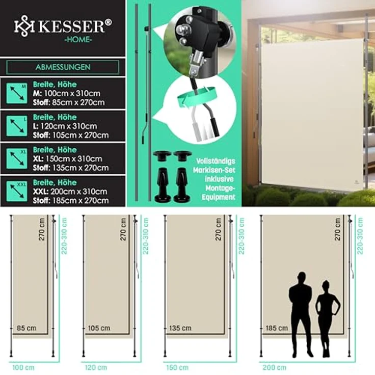 KESSER® Klemmmarkise Senkrechtmarkise außen Ausziehbar & Blickdicht | Vertikalmarkise mit Handkurbel ohne Bohren | Balkon-Sichtschutz & Windschutz für Garten & Terrasse Wasserfest Beige, 120 x 310 cm – Bild 8