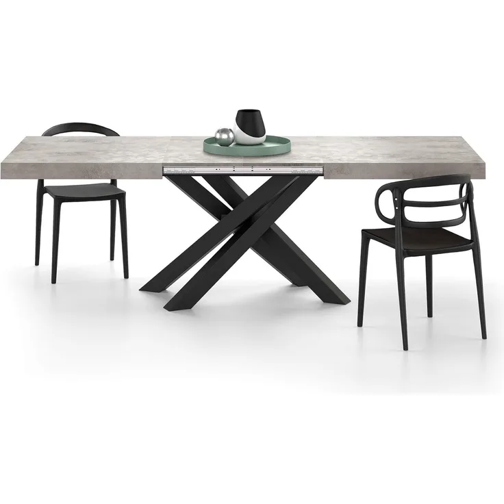 MOBILI FIVER, Ausziehbarer Tisch Emma 160, Grauer Beton mit schwarzen X-Beinen, Laminiert/Eisen, Made in Italy