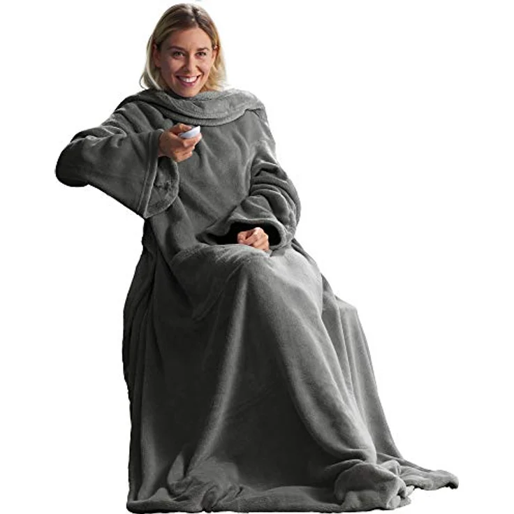 CelinaTex TV-Decke mit Ärmeln und Fußtasche Flauschige Kuscheldecke XL 170x200 cm grau Mikrofaser Fleece Soft Oeko-TEX – Bild 2