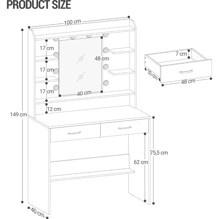 Hzuaneri Schminktisch mit Spiegel, Ablageflächen, 2 Schubladen, verstellbare Helligkeit, Weiß, 40x100x149 cm – Bild 7