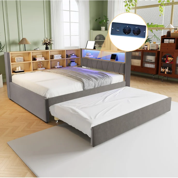 CHICFURN Bett aus Flanell Dunkelgrau 140x200 cm mit Ausziehbett 90x190 cm, LED-Beleuchtung und USB- und Type-C-Anschlüssen – Bild 6
