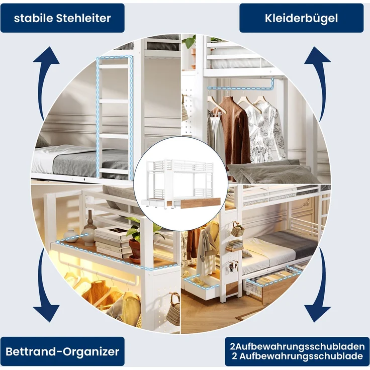 Etagenbett,,90x 200 cm,,Eisenrahmen,4 Schubladen, mehrere Ablageflächen,,mit LED-Lichtleiste,,mit Kleiderstange,Matratze nicht im Lieferumfang enthalten,EN747-zertifiziert,Weiß – Bild 7